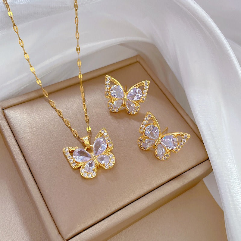 18K Gold Plated Butterfly Jewelry Set – Handmade Zircon Necklace & Earrings